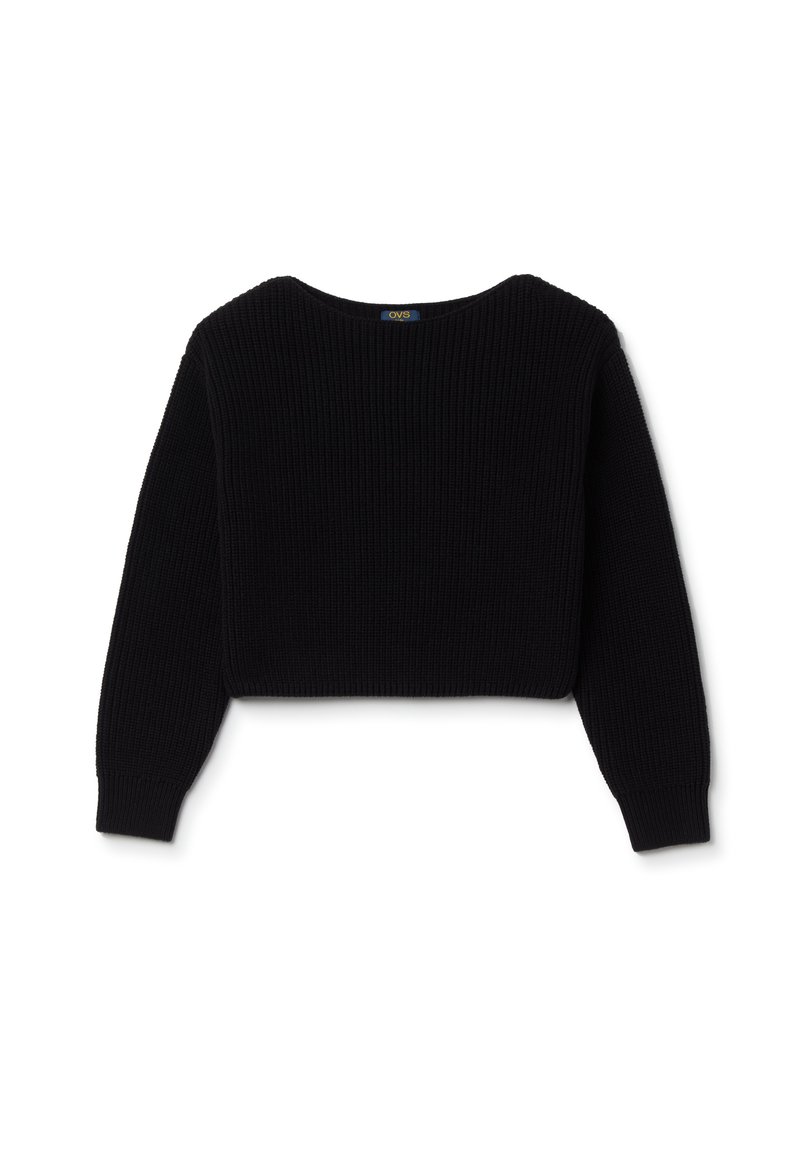 Schwarzer, kurz geschnittener Pullover mit geripptem Muster, weitem runden Ausschnitt und langen Ärmeln. Hat ein einfaches Design ohne Muster oder Verzierungen.