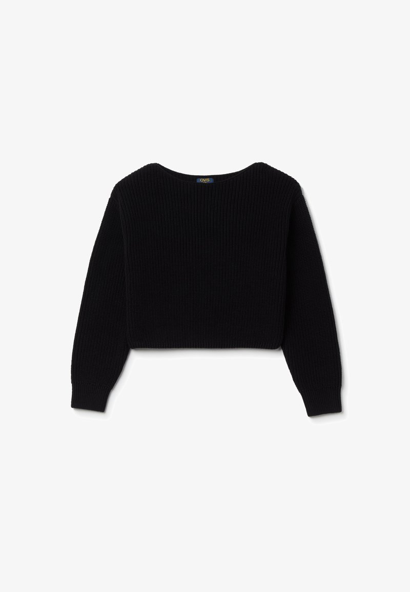 Schwarzer, kurz geschnittener Pullover mit geripptem Muster, weitem runden Ausschnitt und langen Ärmeln. Hat ein einfaches Design ohne Muster oder Verzierungen.