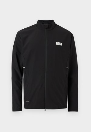 Veste noire zippée intégralement avec col montant, manches longues, logo EA7 sur la poitrine et texte "Ventus 7" près de l'ourlet, présentée sur un fond uni.