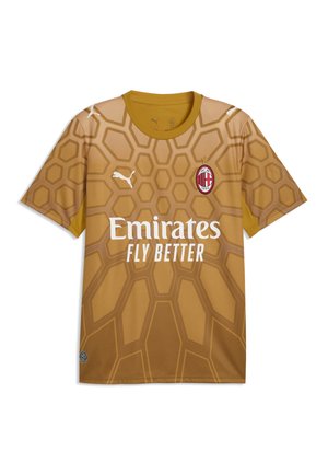 Gyldenbrun AC Milan fodboldtrøje med sekskantet mønster, Puma logoer og Emirates Fly Better sponsor tekst foran.