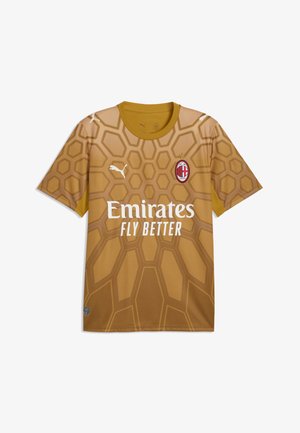 Gyldenbrun AC Milan fodboldtrøje med sekskantet mønster, Puma logoer og Emirates Fly Better sponsor tekst foran.