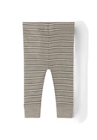 Gråstripete leggings laget av mykt, ribbestrikket stoff. Har en elastisk midjeband og mansjetter ved anklene med tynne blå og grønne striper.