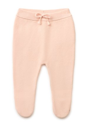 Pantalones de punto para bebé en color rosa claro con cintura acanalada y cordón ajustable, que cuentan con pies cerrados y costuras horizontales texturizadas.
