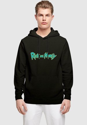 Black hooded sweatshirt featuring a front kangaroo pocket, with a colorful "Rick and Morty" logo in a graffiti style on the chest.