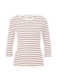 Langsleeve top met witte en roestkleurige horizontale strepen, geribbelde textuur, een ronde halslijn en gekartelde randen bij de manchetten en de zoom.