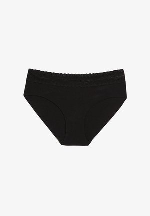 Black cotton brief with a lace trim waistband. Features a classic cut with smooth texture and no visible seams.