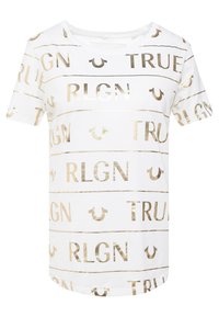 Bílý tričko s krátkými rukávy s metalickým zlatým potiskem "TRUE", "RLGN" a pruhy po povrchu. Měkký bavlněný materiál.