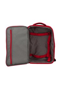 Rode rugzak met grijze binnenkant; heeft een mesh ritszak en verstelbare schouderbanden. Glad stoffen buitenkant met een rechthoekige vorm.