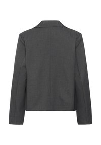 Blazer gris foncé sur mesure vu de dos avec un col à revers et des manches longues.