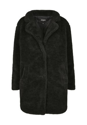 Cappotto nero in ecopelliccia con ampio colletto a revers, maniche lunghe e tasche laterali, progettato per garantire calore e stile.
