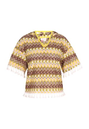 Mehrfarbiger Pullover mit V-Ausschnitt, versehen mit einem Zickzackmuster in Braun, Gelb und Rosa sowie weißen Quastenverzierungen an den Ärmeln.