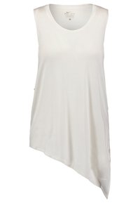 Witte Dri-FIT tanktop met een ronde hals, asymmetrische zoom en glad, lichtgewicht materiaal. Eenvoudig ontwerp, zonder opvallende patronen of accenten.