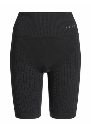Schwarze Radshorts aus strukturiertem Rippmaterial, mit glattem Bund und einem Wabenmuster über den Beinen. Markennamen auf dem Bund aufgedruckt.
