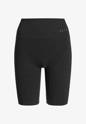 Schwarze Radshorts aus strukturiertem Rippmaterial, mit glattem Bund und einem Wabenmuster über den Beinen. Markennamen auf dem Bund aufgedruckt.