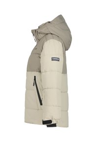 Chaqueta acolchada en beige y topo claro, con capucha, bolsillos con cremallera y puños ajustables. Fabricada con material resistente al agua.