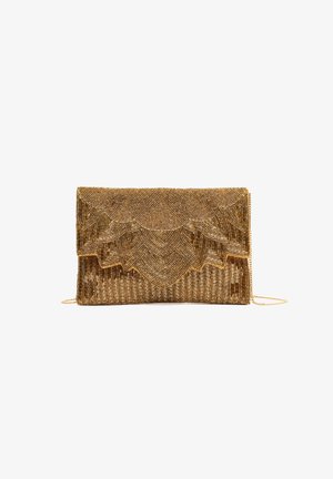 Gold beaded clutch purse with intricate scalloped floral pattern and a thin chain strap on a white background.