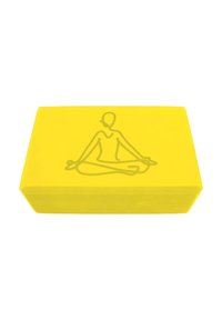 Block de yoga amarillo hecho de espuma duradera, de forma rectangular con una textura suave, que presenta un diseño en relieve de una figura sentada.