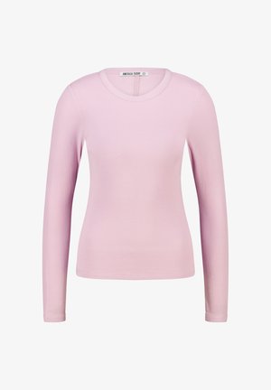 Pink long-sleeve shirt with a ribbed texture and a round neckline. Simple design, featuring a tag with "America Today" branding.