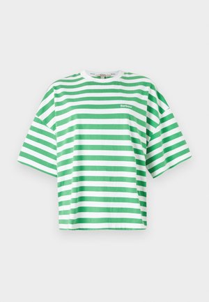 Green and white striped T-shirt made of soft cotton, featuring a round neckline and short sleeves, with a small logo on the front.