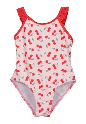 Én-delt badedragt i lys pink med rødt kirsebærprint, med rynkede røde stropper og klassisk snit. Blødt, strækbart stof.