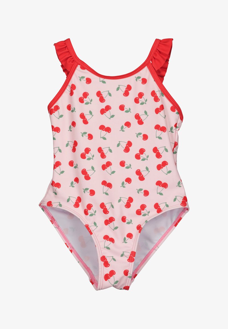 Maillot de bain une pièce en rose clair avec imprimé de cerises rouges, doté de bretelles froncées rouges et d'une coupe classique. Tissu doux et extensible.