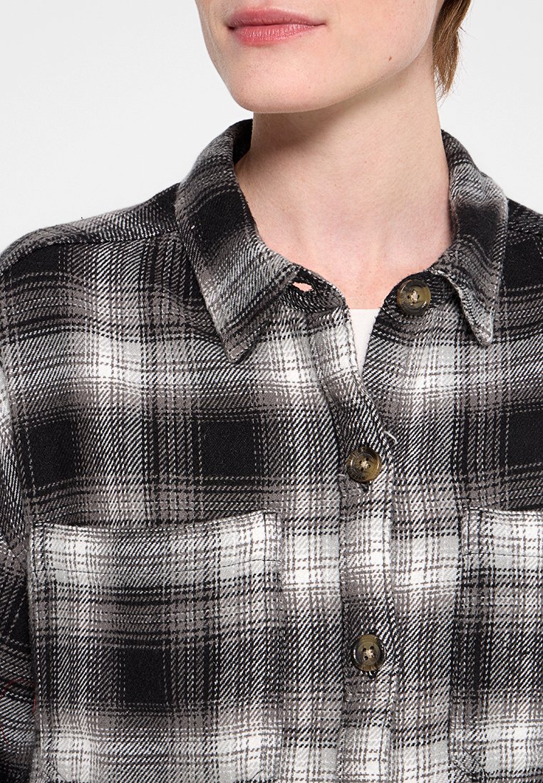 Schwarz-weißes Karo-Hemd mit Knopfleiste, spitzem Kragen, zwei Brusttaschen und strukturierter Stoff. Die Knöpfe sind in Goldtönen gehalten.