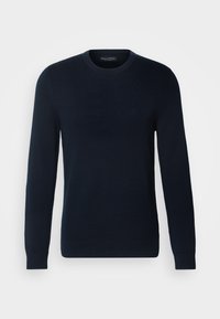 Navyblauer Strickpullover mit langen Ärmeln und Rundhalsausschnitt. Verfügt über ein subtiles Logo auf der Brust sowie gerippte Bündchen und Saum.