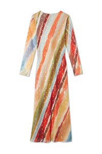 Hosszú ujjú, többszínű csíkos ruha arany pöttyös mintával. Könnyű anyagból készült, kerek nyakkivágással és laza sziluettel.