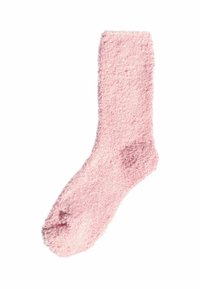 Rózsaszín, bolyhos zokni, amely puha, textúrált anyagból készült. Jellemzője a középhosszú kivitel, kerek orral és nincs látható minta vagy dísz.