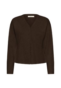 Brūns, garu piedurkņu kardigans ar V veida kakla izgriezumu, pogu aizdari priekšpusē un brīvu piegriezumu. Izgatavots no mīksta, teksturēta adījuma materiāla.