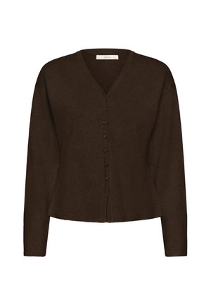 Bruine, lange mouwen cardigan met een v-hals, knoopsluiting aan de voorkant en een relaxte pasvorm. Gemaakt van een zachte, gestructureerde brei stof.