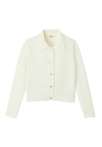 Cardigan blanc côtelé avec un col festonné, doté de six boutons dorés sur le devant, ainsi qu'un ourlet et des poignets festonnés.