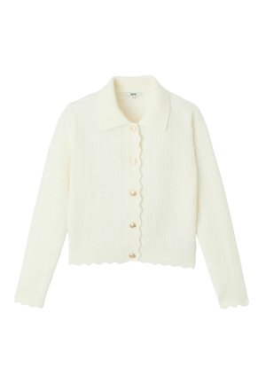 Cardigan blanc côtelé avec un col festonné, doté de six boutons dorés sur le devant, ainsi qu'un ourlet et des poignets festonnés.
