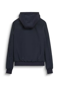 Marineblauwe hoodie met lange mouwen, geribbelde boorden en elastische zoom, gezien van de achterkant op een witte achtergrond.