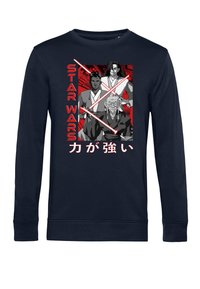 Marinblå långärmad sweatshirt med en grafik av tre karaktärer, "Star Wars"-text i rött och korsade ljussablar mot en grå bakgrund.
