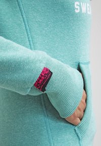 Felpa con cappuccio di un verde acqua chiaro, con polsini a coste, tasca laterale e un'etichetta di marca rosa. Tessuto morbido con un effetto melangiato.