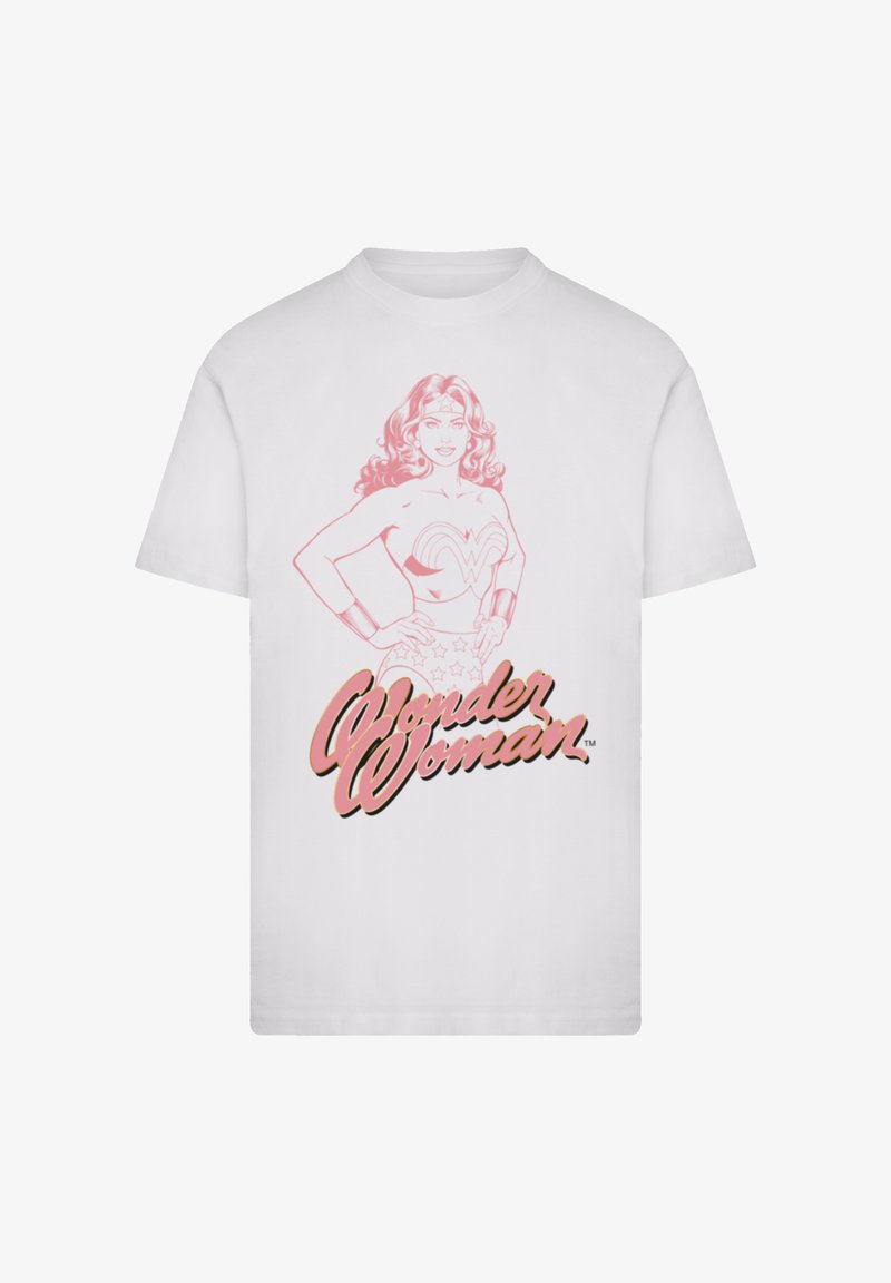 White T-shirt featuring a pink sketch of Wonder Woman with hands on hips and pink "Wonder Woman" text below the figure.