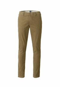 Helle braune, tapered Hosen aus strukturiertem Stoff. Verfügt über einen Reißverschluss und einen Knopfverschluss vorne, mit seitlichen Taschen und einer weichen Haptik.