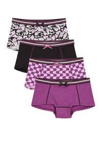 Set av fyra par shorts i olika färger: svart, lila och mönstrade med hjärtan. Har randiga midjeband med knytband. Tillverkat av bomull.