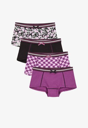 Conjunto de cuatro pares de pantalones cortos en varios colores: negro, púrpura y con un estampado de corazones. Presentan cinturillas a rayas con lazos. Material de algodón.