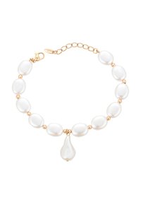 Collana di perle con perle bianche irregolari e accenti di perle dorate, con un pendente a forma di goccia, fissata con un moschettone.