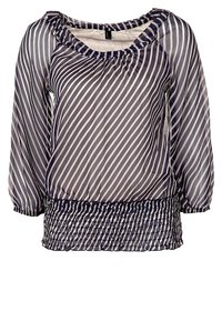 Blusa trasparente blu navy con righe verticali bianche, scollatura rotonda e maniche a tre quarti; la cintura arricciata aggiunge texture.