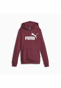 Sudadera burdeos con un bolsillo tipo canguro, logo "PUMA" en blanco y una silueta de gato. Cuenta con capucha ajustable y puños acanalados.