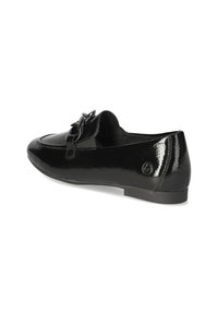 Schwarze Lacklederslipper mit runder Zehenform, Verzierung auf der Vorderseite, niedrigem Absatz und glatter, glänzender Oberfläche.