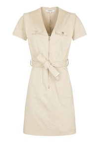 Beige lyhythihainen mekko V-pääntiellä, vetoketjukiinnityksellä, kahdella rintataskulla ja solmittavalla vyöllä. Valmistettu sileästä, kevyestä kankaasta.