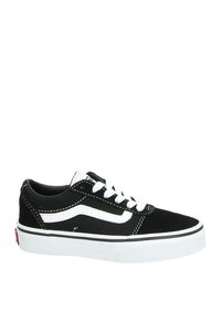 Sneaker di tela nera con accenti bianchi, caratterizzate da un design a profilo basso, lacci bianchi piatti e una suola in gomma con dettagli a strisce in contrasto.