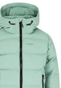 Helle mintgrüne Pufferjacke mit hohem Kragen, horizontalen Nähten, durchgehendem Reißverschluss und schwarzen Hardware-Akzenten.