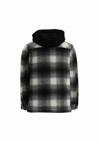 Veste à manches longues à carreaux noirs et blancs avec une capuche noire unie, vue de dos sur un fond blanc.