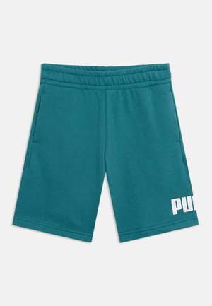 Mėlynos žalsvos spalvos laisvalaikio šortai su elastinga juosmens juosta, šoninėmis kišenėmis ir daliniu baltu prekinio ženklo logotipu apatinėje dešinėje kojų dalyje.