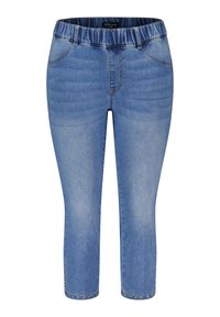 Jeans capri en denim bleu clair avec une taille élastique, design à cinq poches et accents cloutés le long de l'ourlet. Texture lisse, coupe ajustée.